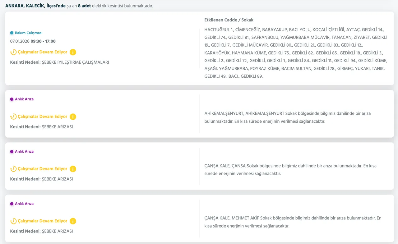 7-8 Ocak Ankarada elektrikler ne zaman gelecek? Başkent EDAŞ elektrik kesintisi sorgulama ekranı