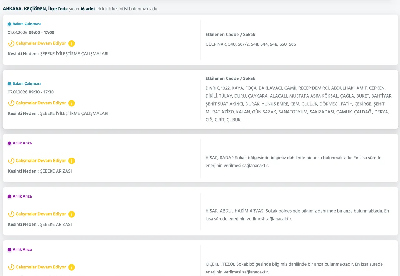 7-8 Ocak Ankarada elektrikler ne zaman gelecek? Başkent EDAŞ elektrik kesintisi sorgulama ekranı