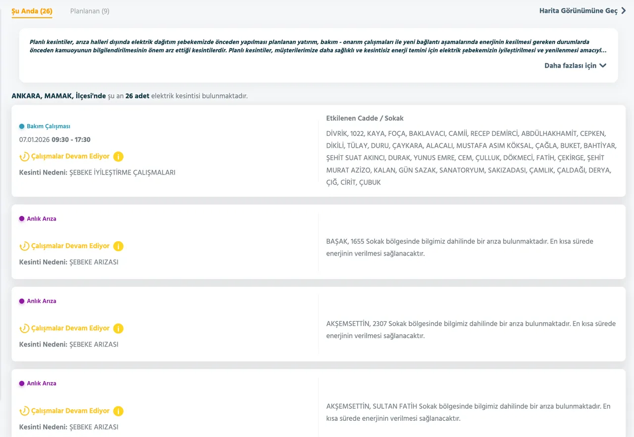 7-8 Ocak Ankarada elektrikler ne zaman gelecek? Başkent EDAŞ elektrik kesintisi sorgulama ekranı