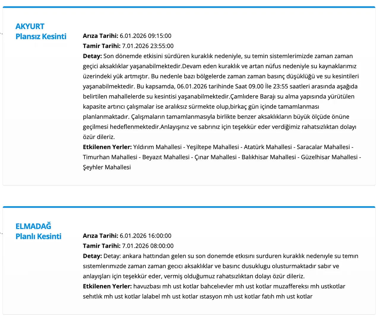 ASKİ Ankara su kesintisi 7 Ocak: Akyurt, Elmadağ, Kalecik, Çankaya ve Sincanda sular ne zaman gelecek?