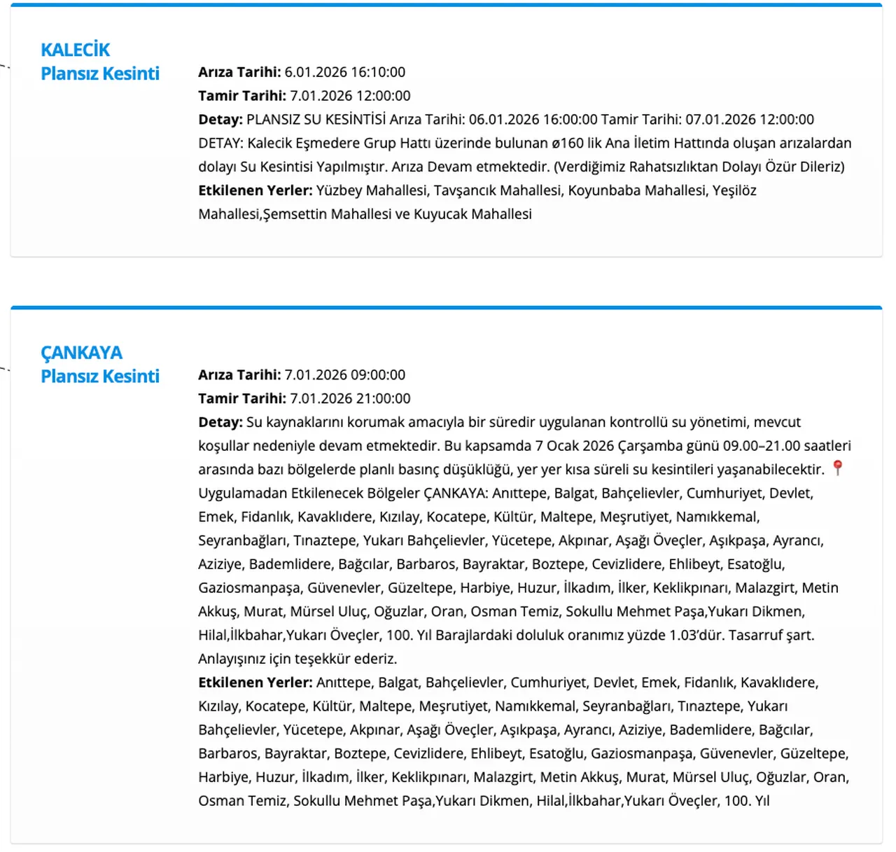 ASKİ Ankara su kesintisi 7 Ocak: Akyurt, Elmadağ, Kalecik, Çankaya ve Sincanda sular ne zaman gelecek?