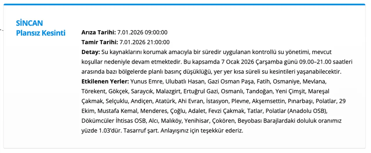 ASKİ Ankara su kesintisi 7 Ocak: Akyurt, Elmadağ, Kalecik, Çankaya ve Sincanda sular ne zaman gelecek?