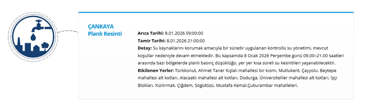 8 Ocak ASKİ su kesintisi! Ankarada sular ne zaman gelecek? (Etimesgut, Çankaya, Polatlo)