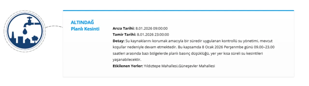 8 Ocak ASKİ su kesintisi! Ankarada sular ne zaman gelecek? (Etimesgut, Çankaya, Polatlo)