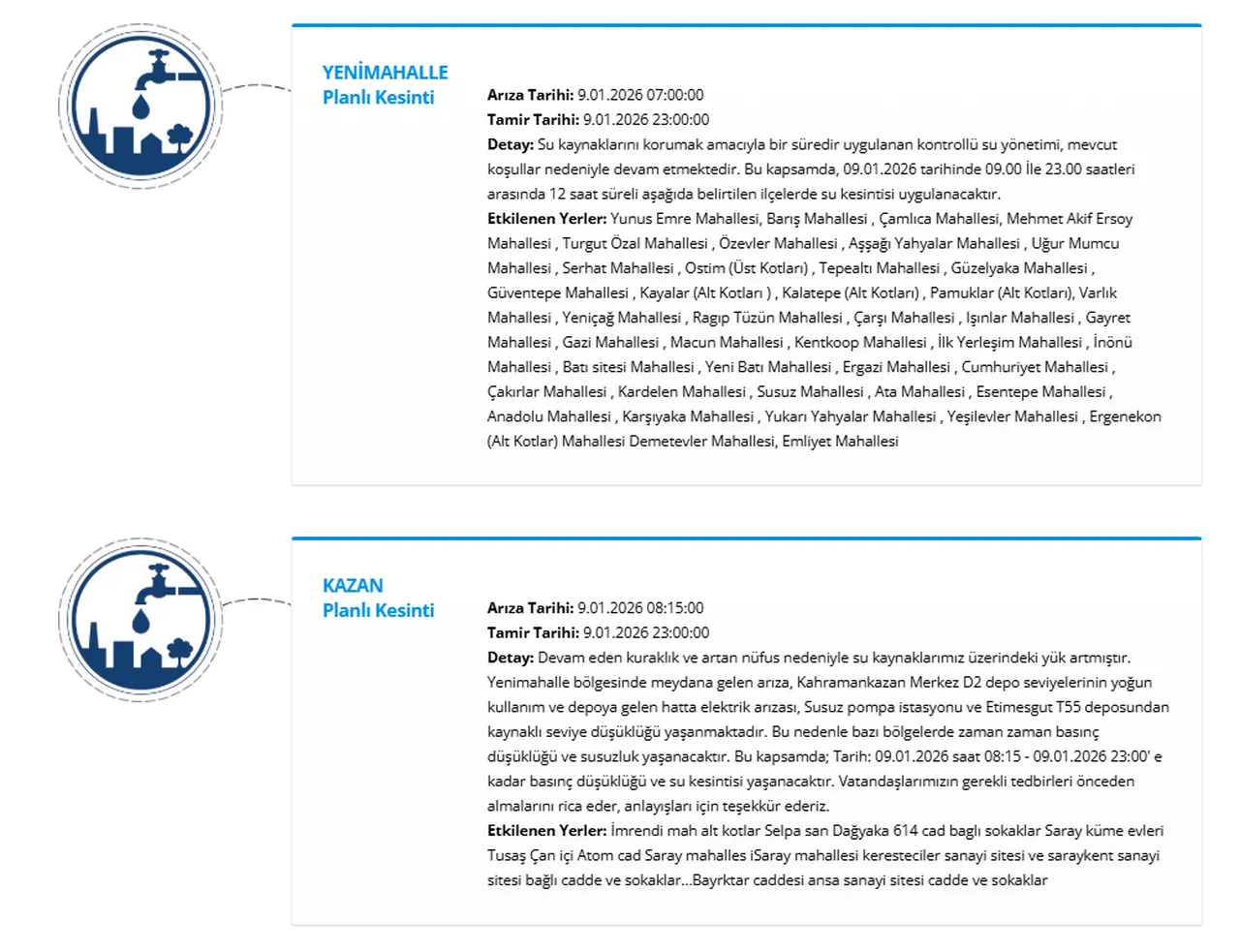 ASKİ 9 Ocak tarihli su kesintisi programı! Ankarada (Yenimahalle, Keçiören, Mamak...) sular ne zaman gelecek?