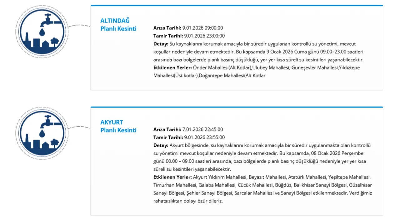 ASKİ 9 Ocak tarihli su kesintisi programı! Ankarada (Yenimahalle, Keçiören, Mamak...) sular ne zaman gelecek?