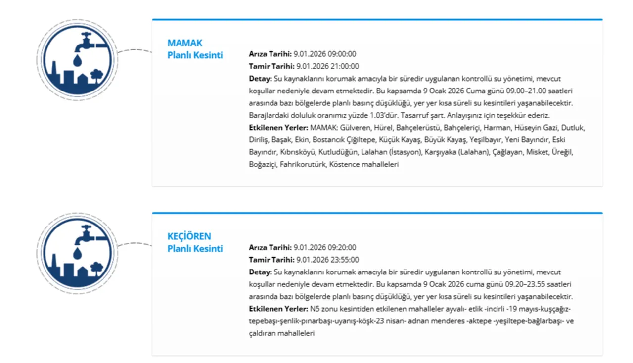 ASKİ 9 Ocak tarihli su kesintisi programı! Ankarada (Yenimahalle, Keçiören, Mamak...) sular ne zaman gelecek?
