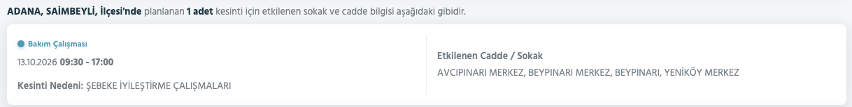 Adana elektrik kesintisi 11-12-13-14 Ekim (Seyhan, Yüreğir, Sarıçam, Ceyhan, Feke, Karataş, Kozan, Çukurova, Karaisalı, Yumurtalık, Saimbeyli, Pozantı, Tufanbeyli planlı kesinti)