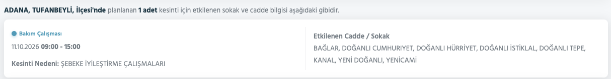 Adana elektrik kesintisi 11-12-13-14 Ekim (Seyhan, Yüreğir, Sarıçam, Ceyhan, Feke, Karataş, Kozan, Çukurova, Karaisalı, Yumurtalık, Saimbeyli, Pozantı, Tufanbeyli planlı kesinti)