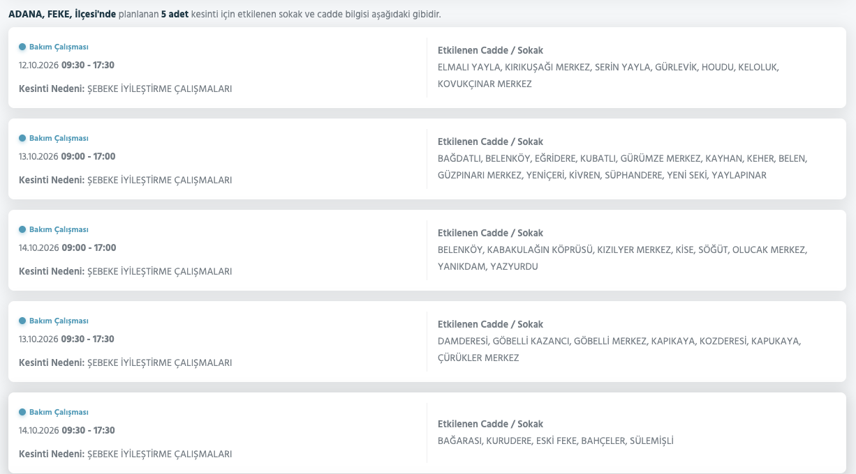 Adana elektrik kesintisi 11-12-13-14 Ekim (Seyhan, Yüreğir, Sarıçam, Ceyhan, Feke, Karataş, Kozan, Çukurova, Karaisalı, Yumurtalık, Saimbeyli, Pozantı, Tufanbeyli planlı kesinti)