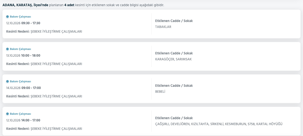 Adana elektrik kesintisi 11-12-13-14 Ekim (Seyhan, Yüreğir, Sarıçam, Ceyhan, Feke, Karataş, Kozan, Çukurova, Karaisalı, Yumurtalık, Saimbeyli, Pozantı, Tufanbeyli planlı kesinti)