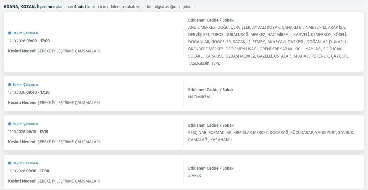 Adana elektrik kesintisi 11-12-13-14 Ekim (Seyhan, Yüreğir, Sarıçam, Ceyhan, Feke, Karataş, Kozan, Çukurova, Karaisalı, Yumurtalık, Saimbeyli, Pozantı, Tufanbeyli planlı kesinti)