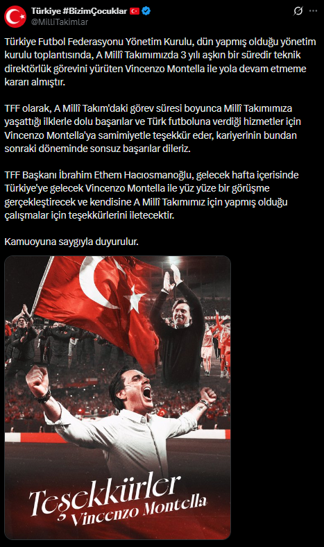 Gecikmeli teşekkür! Milli Takımlar hesabından Montella için paylaşım geldi