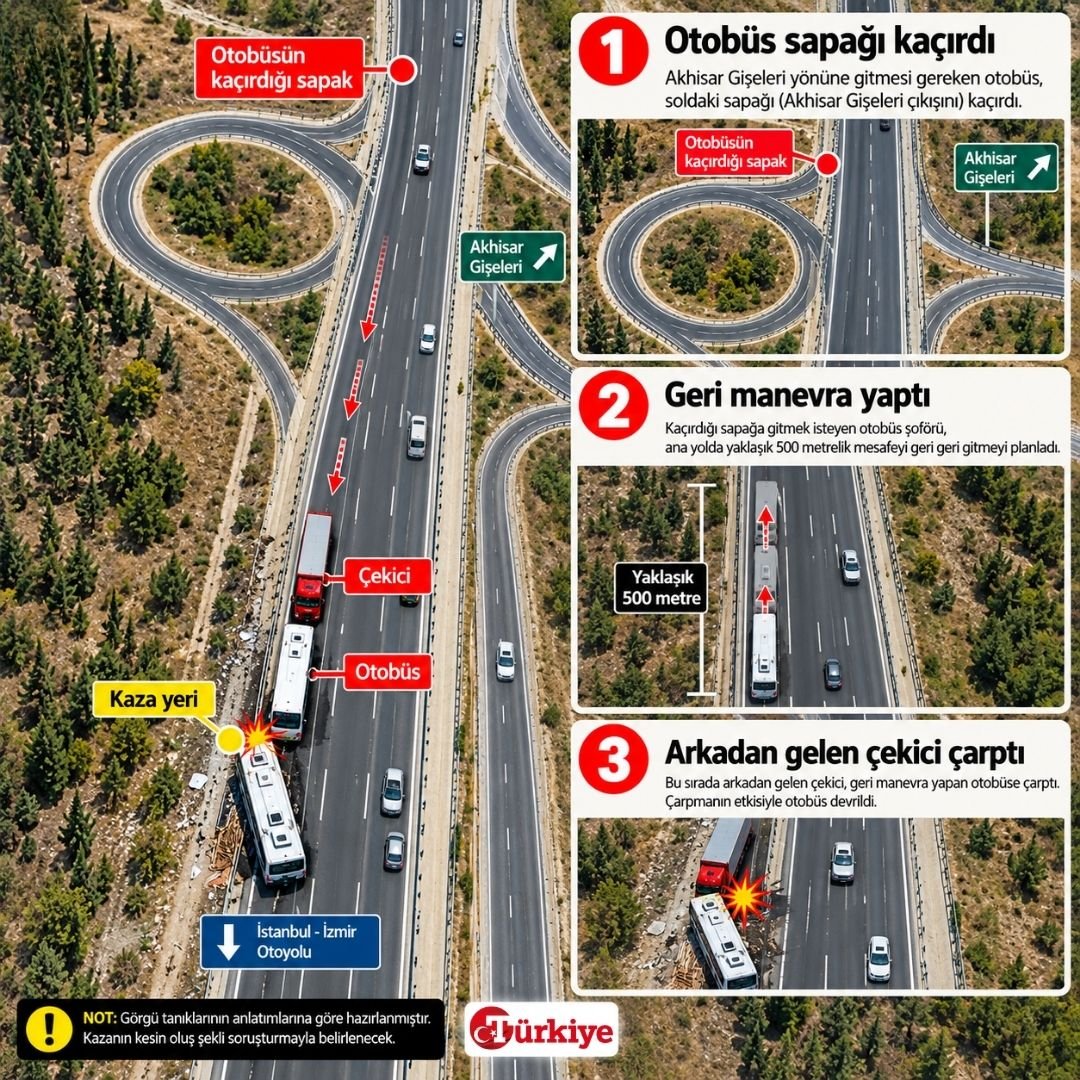 Manisa'nın Akhisar ilçesinde 11 kişinin hayatını kaybettiği kazaya ilişkin görgü tanıklarının anlatımları esas alınarak hazırlanan infografikte, tur otobüsünün sapağı kaçırmasının ardından yaptığı geri manevra ve çekiciyle çarpışma anı adım adım gösterildi. Kazanın kesin oluş şekli soruşturmayla netleşecek.