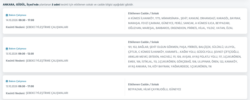 Ankara elektrik kesintisi 12-13-14 Ekim (Akyurt, Çubuk, Mamak, Sincan, Çankaya, Ayaş, Kahramankazan, Altındağ, Elmadağ)