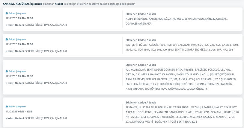 Ankara elektrik kesintisi 12-13-14 Ekim (Akyurt, Çubuk, Mamak, Sincan, Çankaya, Ayaş, Kahramankazan, Altındağ, Elmadağ)