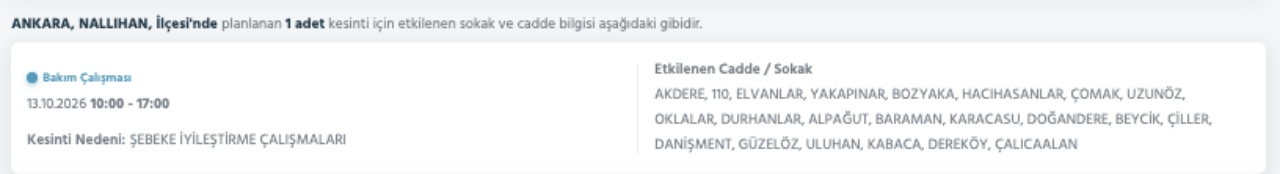 Ankara elektrik kesintisi 12-13-14 Ekim (Akyurt, Çubuk, Mamak, Sincan, Çankaya, Ayaş, Kahramankazan, Altındağ, Elmadağ)
