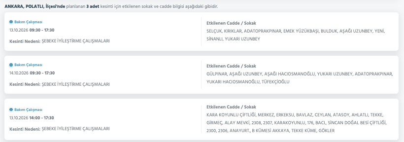 Ankara elektrik kesintisi 12-13-14 Ekim (Akyurt, Çubuk, Mamak, Sincan, Çankaya, Ayaş, Kahramankazan, Altındağ, Elmadağ)