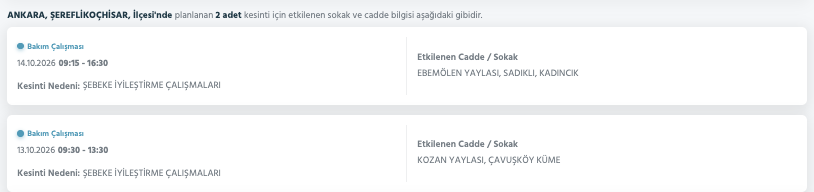 Ankara elektrik kesintisi 12-13-14 Ekim (Akyurt, Çubuk, Mamak, Sincan, Çankaya, Ayaş, Kahramankazan, Altındağ, Elmadağ)