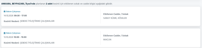 Ankara elektrik kesintisi 12-13-14 Ekim (Akyurt, Çubuk, Mamak, Sincan, Çankaya, Ayaş, Kahramankazan, Altındağ, Elmadağ)
