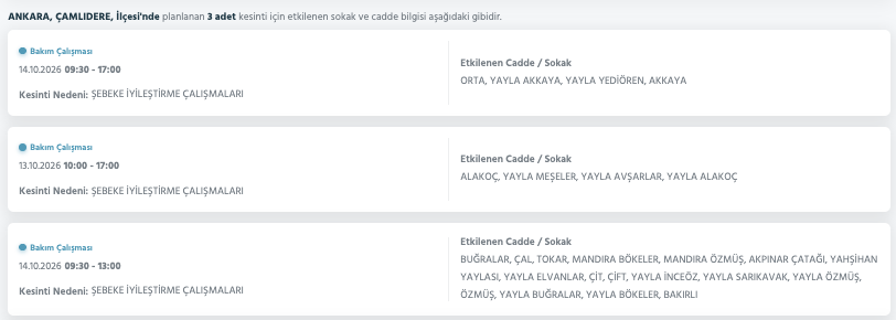 Ankara elektrik kesintisi 12-13-14 Ekim (Akyurt, Çubuk, Mamak, Sincan, Çankaya, Ayaş, Kahramankazan, Altındağ, Elmadağ)