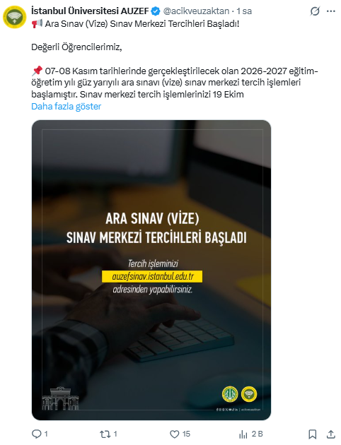 AUZEF ara sınav (vize) sınav merkezi tercihleri başladı! AUZEF sınav merkezi tercih kılavuzu