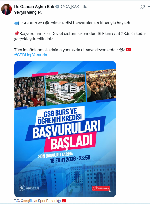 KYK burs başvuruları başladı (GSB KYK burs ve kredi başvuru ekranı)