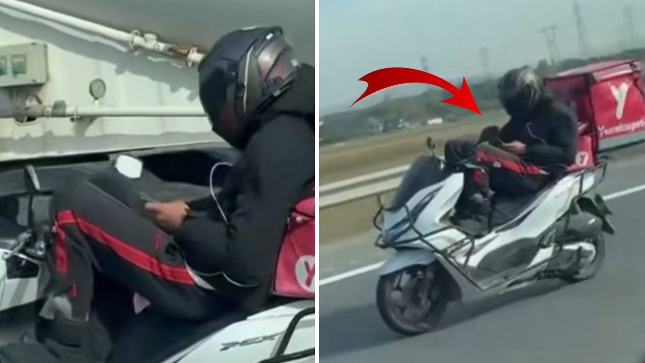 Ayaklarıyla motor kullanıp telefonla oynadı