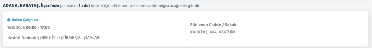 Adana elektrik kesintisi 15-16 Ekim (Seyhan, Ceyhan, Sarıçam, Feke, Saimbeyli, Çukurova, Kozan, Karaisalı, Yumurtalık planlı kesinti)