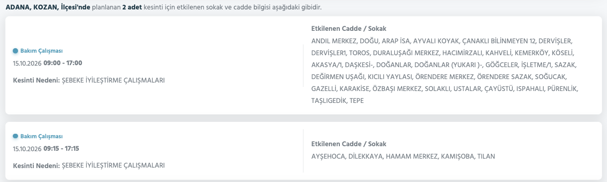 Adana elektrik kesintisi 15-16 Ekim (Seyhan, Ceyhan, Sarıçam, Feke, Saimbeyli, Çukurova, Kozan, Karaisalı, Yumurtalık planlı kesinti)