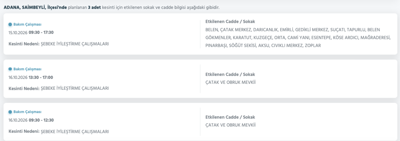 Adana elektrik kesintisi 15-16 Ekim (Seyhan, Ceyhan, Sarıçam, Feke, Saimbeyli, Çukurova, Kozan, Karaisalı, Yumurtalık planlı kesinti)