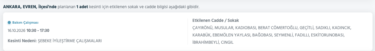 Ankara elektrik kesintisi 15-16 Ekim (Sincan, Gölbaşı, Yenimahalle, Mamak, Çankaya, Altındağ, Etimesgut, Bala, Polatlı, Çamlıdere, Çubuk, Kahramankazan, Keçiören)