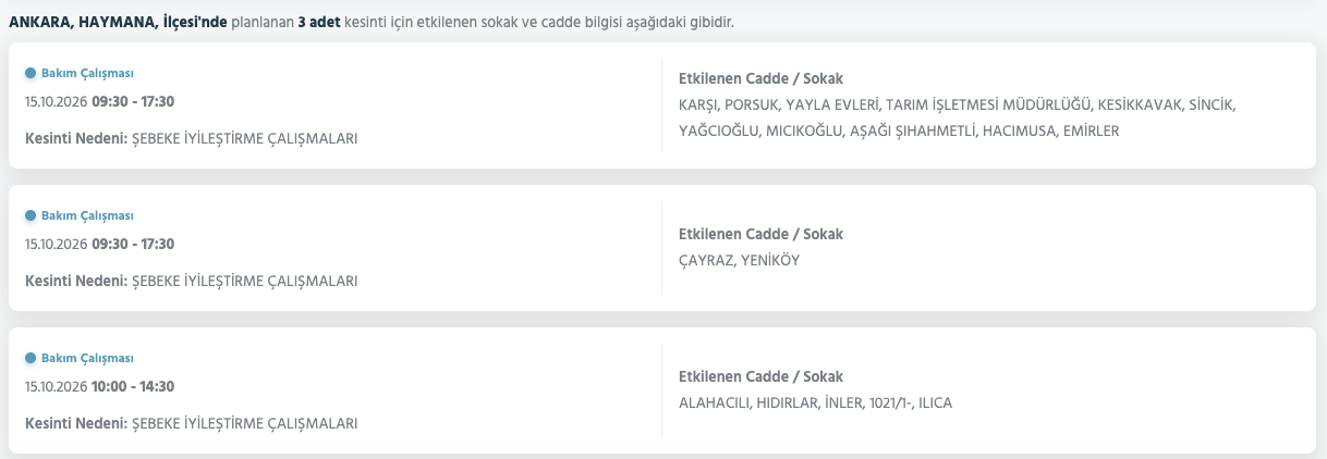 Ankara elektrik kesintisi 15-16 Ekim (Sincan, Gölbaşı, Yenimahalle, Mamak, Çankaya, Altındağ, Etimesgut, Bala, Polatlı, Çamlıdere, Çubuk, Kahramankazan, Keçiören)