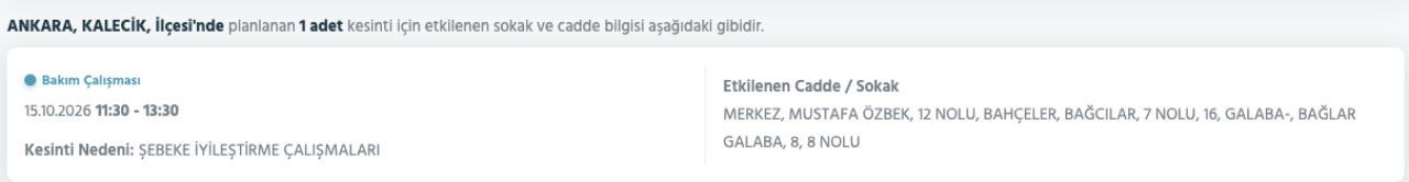 Ankara elektrik kesintisi 15-16 Ekim (Sincan, Gölbaşı, Yenimahalle, Mamak, Çankaya, Altındağ, Etimesgut, Bala, Polatlı, Çamlıdere, Çubuk, Kahramankazan, Keçiören)
