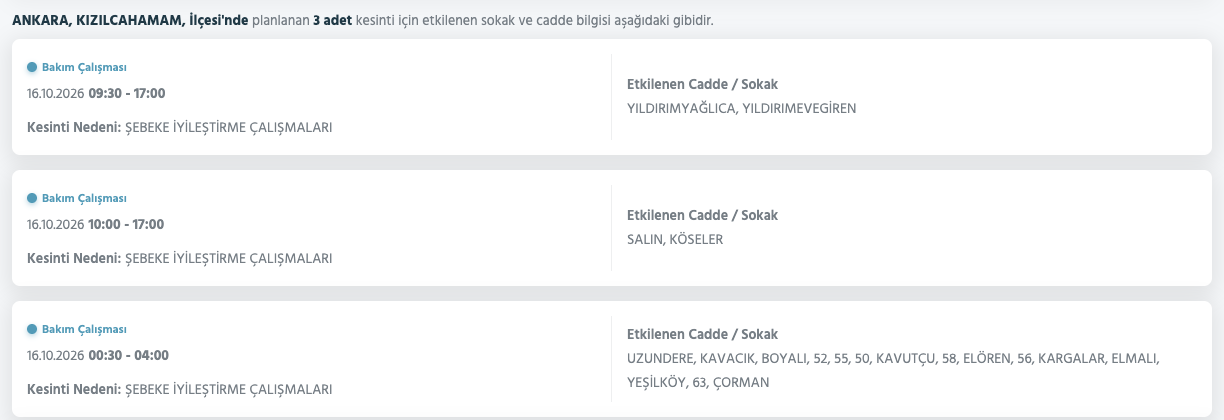 Ankara elektrik kesintisi 15-16 Ekim (Sincan, Gölbaşı, Yenimahalle, Mamak, Çankaya, Altındağ, Etimesgut, Bala, Polatlı, Çamlıdere, Çubuk, Kahramankazan, Keçiören)