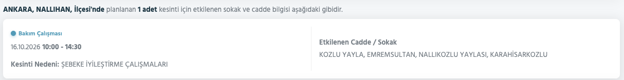 Ankara elektrik kesintisi 15-16 Ekim (Sincan, Gölbaşı, Yenimahalle, Mamak, Çankaya, Altındağ, Etimesgut, Bala, Polatlı, Çamlıdere, Çubuk, Kahramankazan, Keçiören)