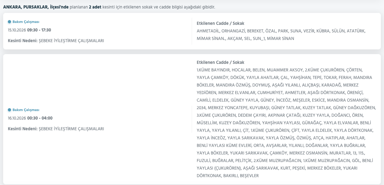 Ankara elektrik kesintisi 15-16 Ekim (Sincan, Gölbaşı, Yenimahalle, Mamak, Çankaya, Altındağ, Etimesgut, Bala, Polatlı, Çamlıdere, Çubuk, Kahramankazan, Keçiören)