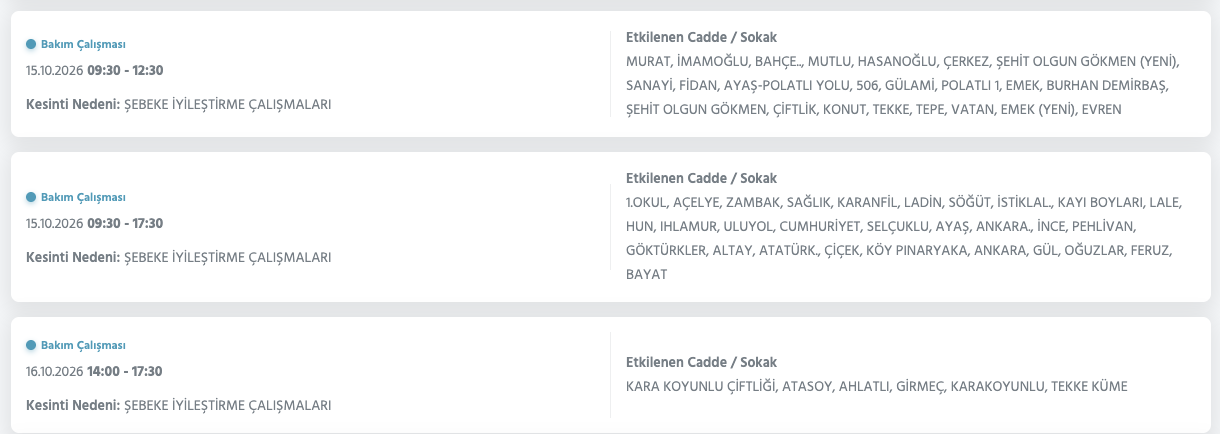 Ankara elektrik kesintisi 15-16 Ekim (Sincan, Gölbaşı, Yenimahalle, Mamak, Çankaya, Altındağ, Etimesgut, Bala, Polatlı, Çamlıdere, Çubuk, Kahramankazan, Keçiören)