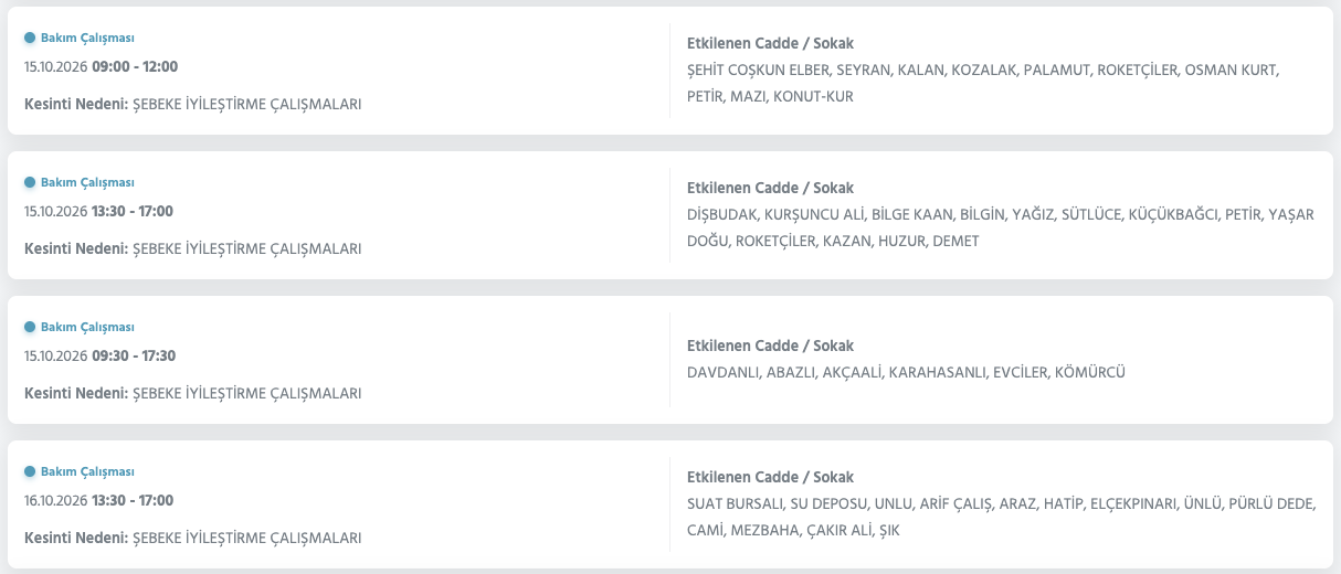 Ankara elektrik kesintisi 15-16 Ekim (Sincan, Gölbaşı, Yenimahalle, Mamak, Çankaya, Altındağ, Etimesgut, Bala, Polatlı, Çamlıdere, Çubuk, Kahramankazan, Keçiören)