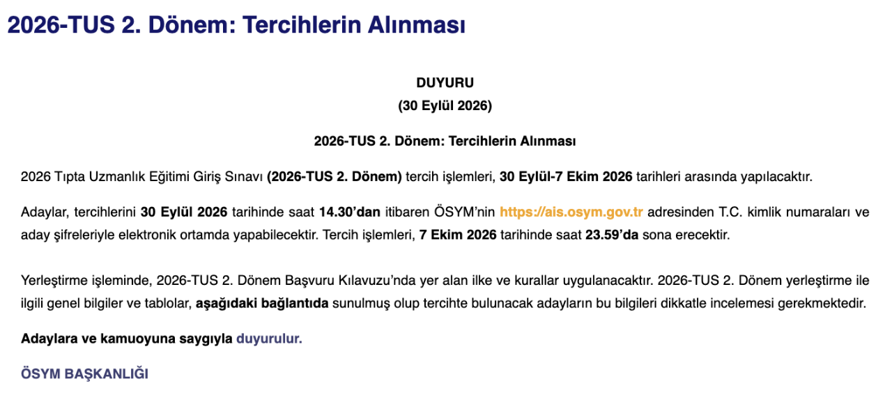 TUS yerleştirme sonuçları ne zaman açıklanacak? 2026-TUS 2. Dönem tercihleri sona erdi!