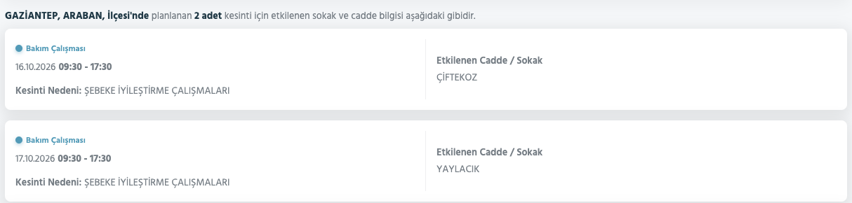 Gaziantep elektrik kesintisi 15-16-17 Ekim Toroslar Elektrik (Şehitkamil, Şahinbey, Nizip, Oğuzeli, Yavuzeli, İslahiye, Araban, Nurdağı)