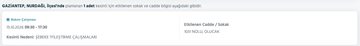 Gaziantep elektrik kesintisi 15-16-17 Ekim Toroslar Elektrik (Şehitkamil, Şahinbey, Nizip, Oğuzeli, Yavuzeli, İslahiye, Araban, Nurdağı)