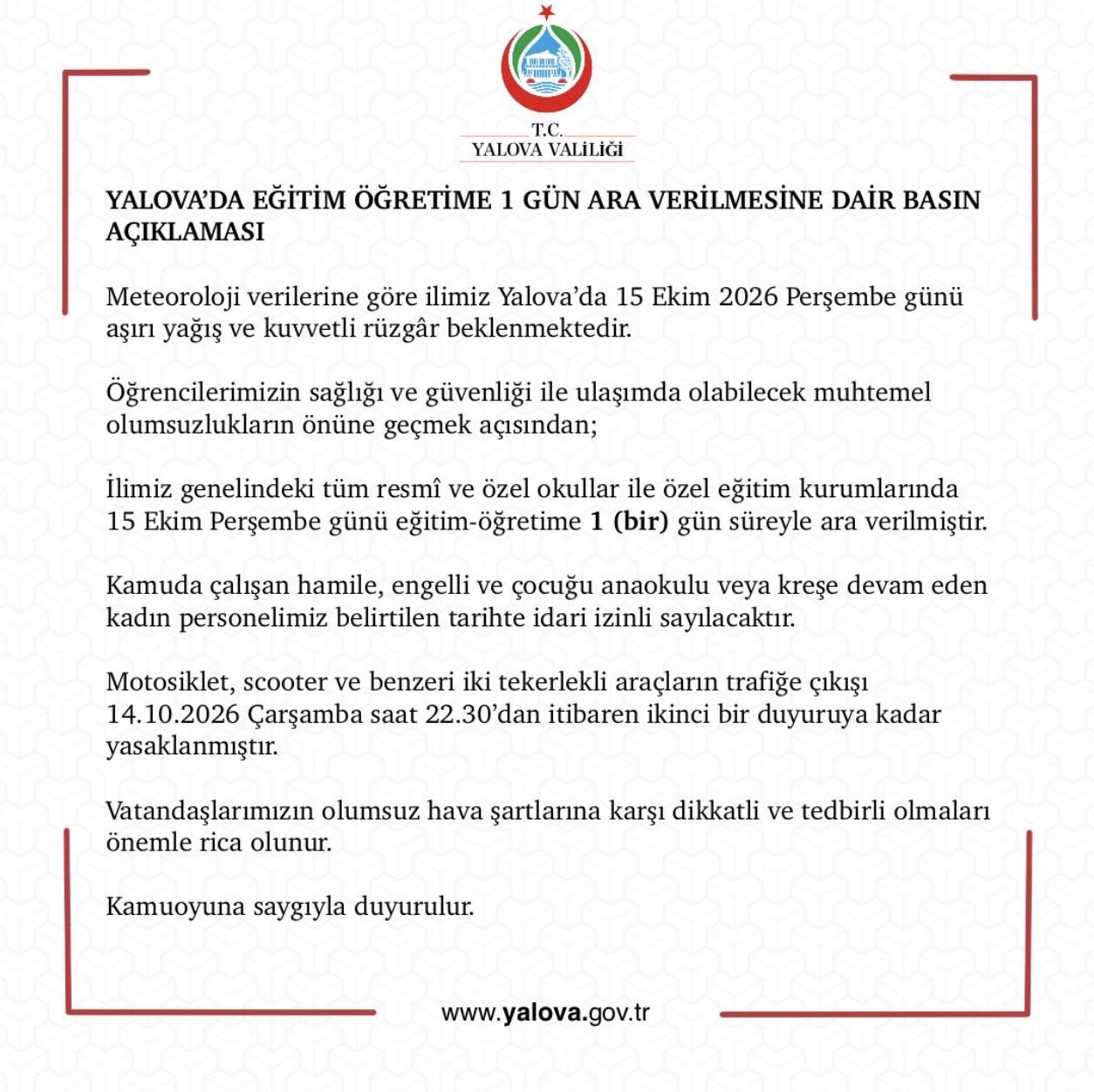 Yalovada okullar tatil mi? 15 Ekim Yalova Valiliği son dakika duyurusu!