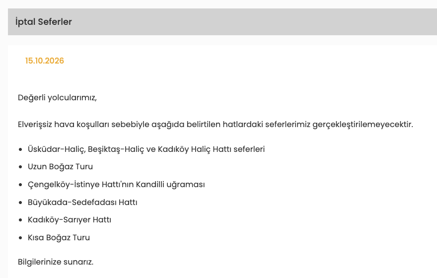Bugün vapur seferleri iptal mi? 15 Ekim iptal olan seferler (İDO, BUDO, Şehir Hatları)