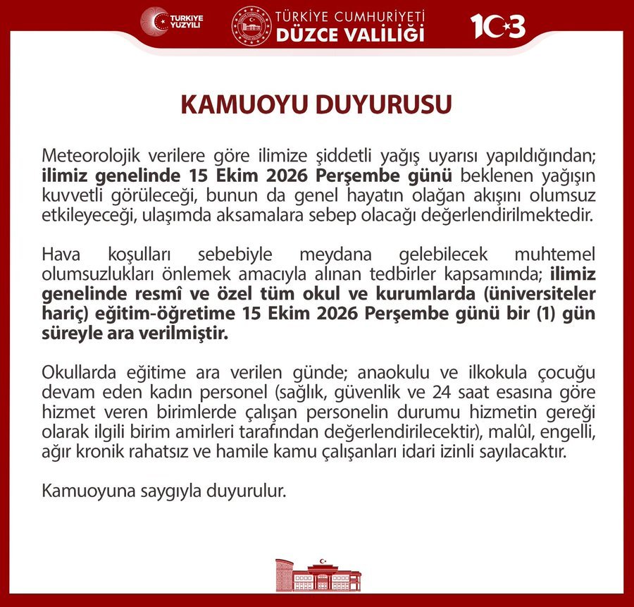 Düzcede okullar tatil mi, 16 Ekim yarın okul var mı? Düzce Valiliği son dakika açıklamaları gündemde