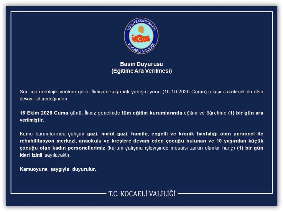 Kocaelide yarın okullar tatil mi? Valilikten açıklama geldi (16 Ekim 2026)