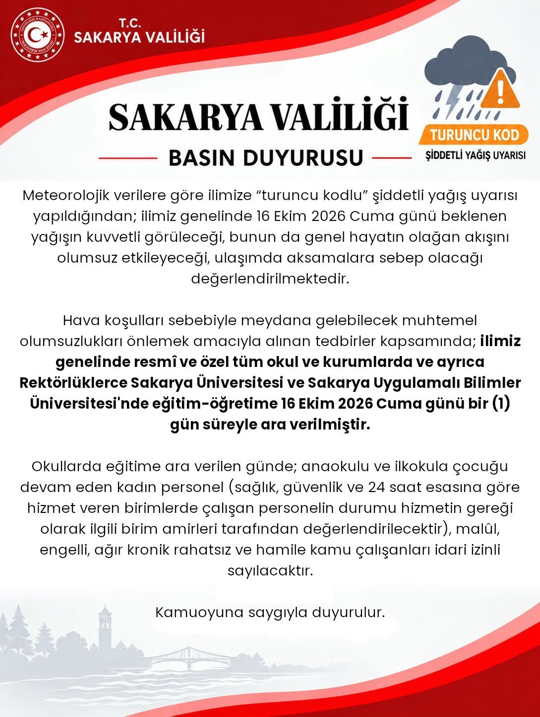 Sakaryada okullar tatil mi, 16 Ekim cuma okul var mı? Son dakika Sakarya Valiliği duyurdu!