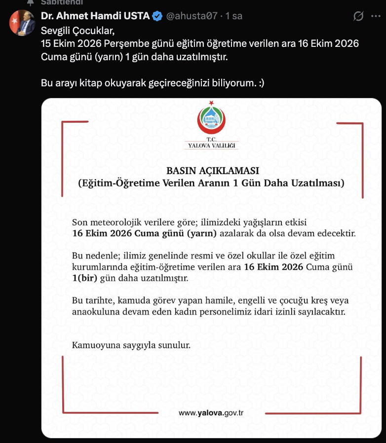 Yalovada okullar tatil mi, 16 Ekim Cuma yarın eğitime ara verildi mi? Yalova Valiliği son dakika açıklaması