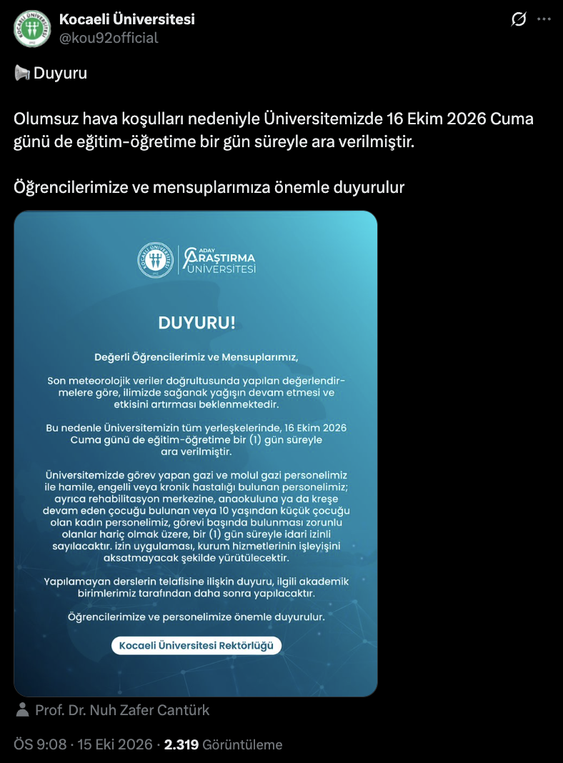Yarın üniversiteler tatil mi? 16 Ekim İstanbul, Sakarya, Yalova ve Kocaeli tatil olan üniversiteler