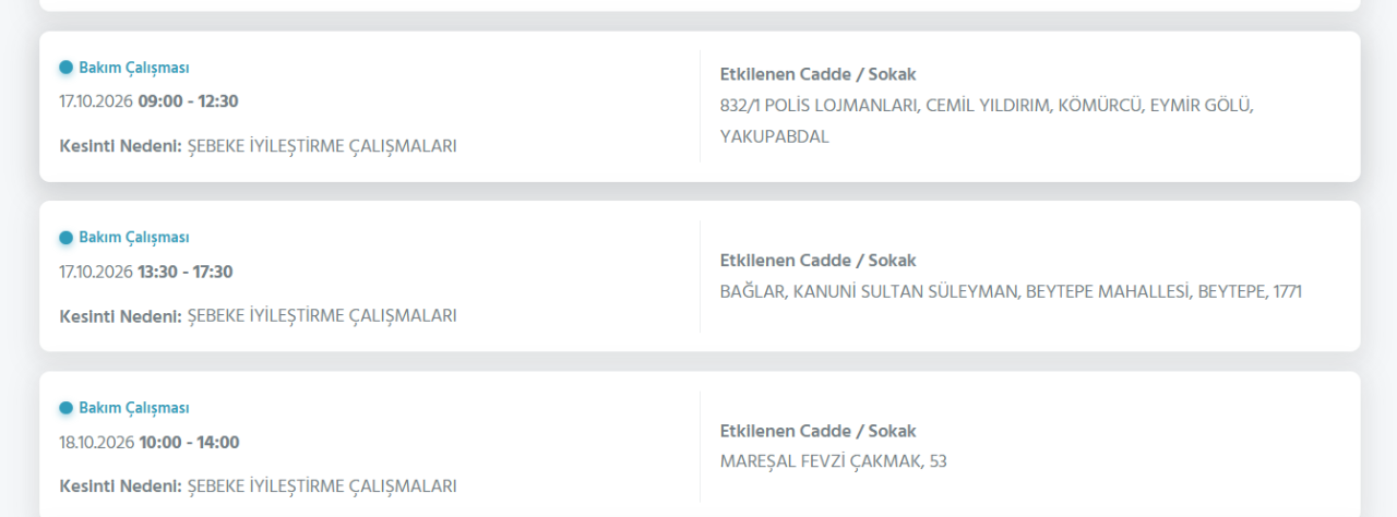 Ankara elektrik kesintisi 17 Ekim (Çankaya, Sincan, Etimesgut, Keçiören...)